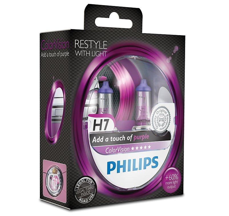 2017-09-10 PHILIPS H7 12V 55W PX26d ColorVision Purple Fioletowa żarówka H4 ColorVision Purple marki Philips. Skończ z nudą i zmień wygląd swojego samochodu za pomocą oryginalnego oświetlenia.