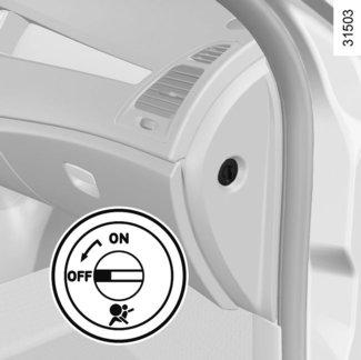 FUNKCJA BEZPIECZEŃSTWO DZIECI : odłączanie-włączanie przedniej poduszki powietrznej pasażera (1/3) 2 1 Odłączenie airbag pasażera z przodu (zależnie od wyposażenia pojazdu) W celu zainstalowania