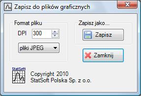 10.2. Zapisz do plików graficznych Aby zapisać wykresy znajdujące się w skoroszycie do plików graficznych o wskazanym formacie, z menu Zestaw Plus Narzędzia wybieramy opcję Zapisz do plików