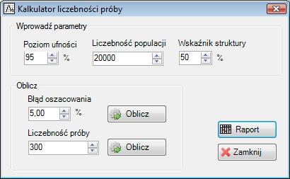 4. Przygotowanie próby 4.1. Liczebność próby Moduł umożliwia z zadanym błędem oszacować liczebność próby dla frakcji lub dla zadanej liczebności próby obliczyć błąd oszacowania.