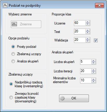 Moduł oferuje trzy główne opcje podziału zbioru na podpróby: Prosty podział umożliwia podzielenie zbioru danych w sposób losowy na klasy uczącą, testową oraz walidacyjną (opcjonalnie) zgodnie z