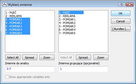 Po zatwierdzeniu wyboru zmiennych wracamy do okna Dyferencjał semantyczny, w którym, w tabeli w środkowej części okna wyświetlone zostały oceny dla zmiennych 1 do 4.