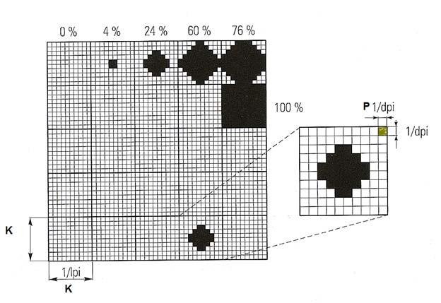 Rys. 2.4. Budowa punktu rastrowego w cyfrowych systemach wyjściowych (na przykład w naświetlarkach CtPlate: K komórka rastrowa, P piksel) Źródło: Panak J., Ceppan M., Dvonka V., Karpinsky L.