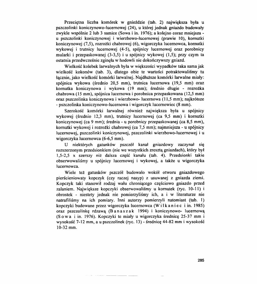 Przeciętna liczba komórek w gnieździe (tab. 2) największa była u pszczolinki koniczynowo-iucemowej (24), u której jednak gniazdo budowały zwykle wspólnie 2 lub 3 samice (Sowa i in.