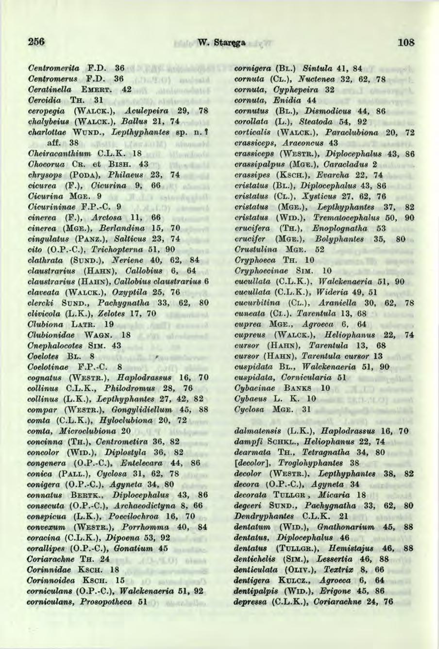 256 W. Staręga 08 Centromerita P.D. 36 Centromerus F.D. 3 6 Geratinella E m e r t. 4 2 Cercidia T h. 3 ceropegia (W a l c k.), Aculepeira 2 9, 78 chalybeius (W a l c k.