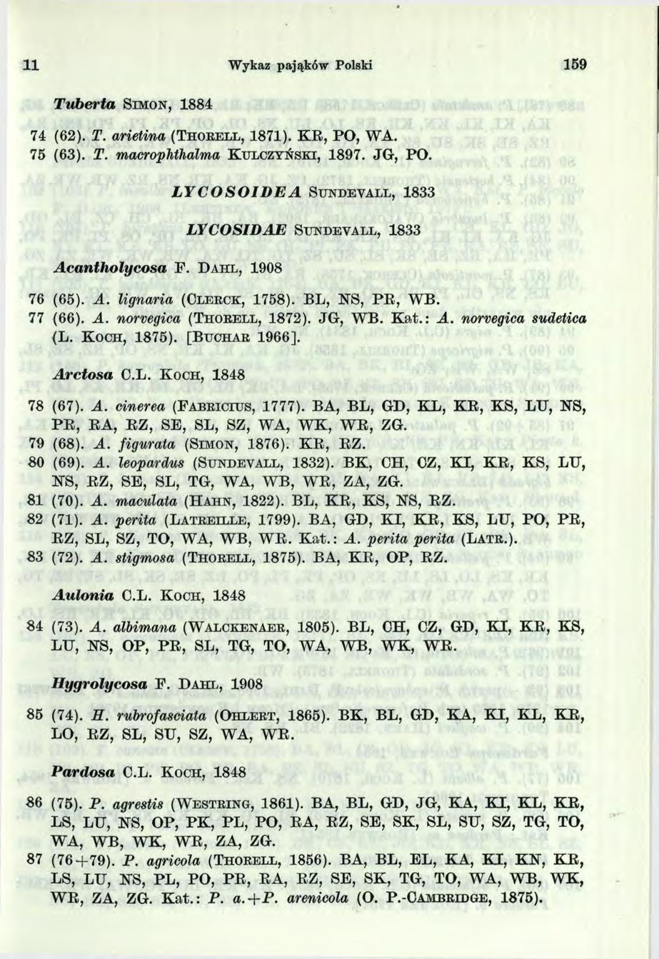 Wykaz pająków Polski 59 Tuberła S im o n, 884 74 (62). T. arietina (T h o b e l l, 87). KR, PO, WA. 75 (63). T. macrophthalma K u l c z y ń s k i, 897. JG, PO. A cantholycosa F.