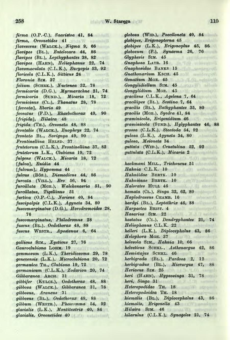 258 W. Staręga 0 firm a (O.P.-C.), Saaristoa 4, 84 firm a, Oreonetides 4 flavescem (W a l c k.), Nigma 9, 6 6 flavipes (B l.), Entelecara 44, 86 flavipe8 (B l.