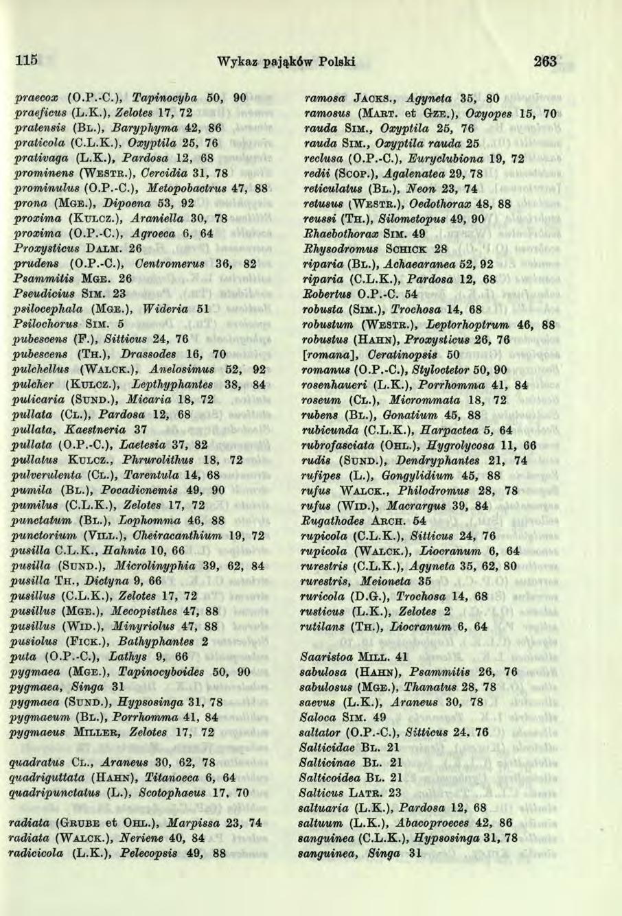 5 Wykaz pająków Polski 263 praecox (O.P.-C.), Tapinocyba 5 0, 90 praeficus (L.K.), Zelotes 7, 72 pratensis (B l.), Baryphyma 4 2, 86 praticola (C.L.K.), Oxyptila 2 5, 76 prativaga (L.K.), Pardosa 2, 68 prominens (W e s t r.