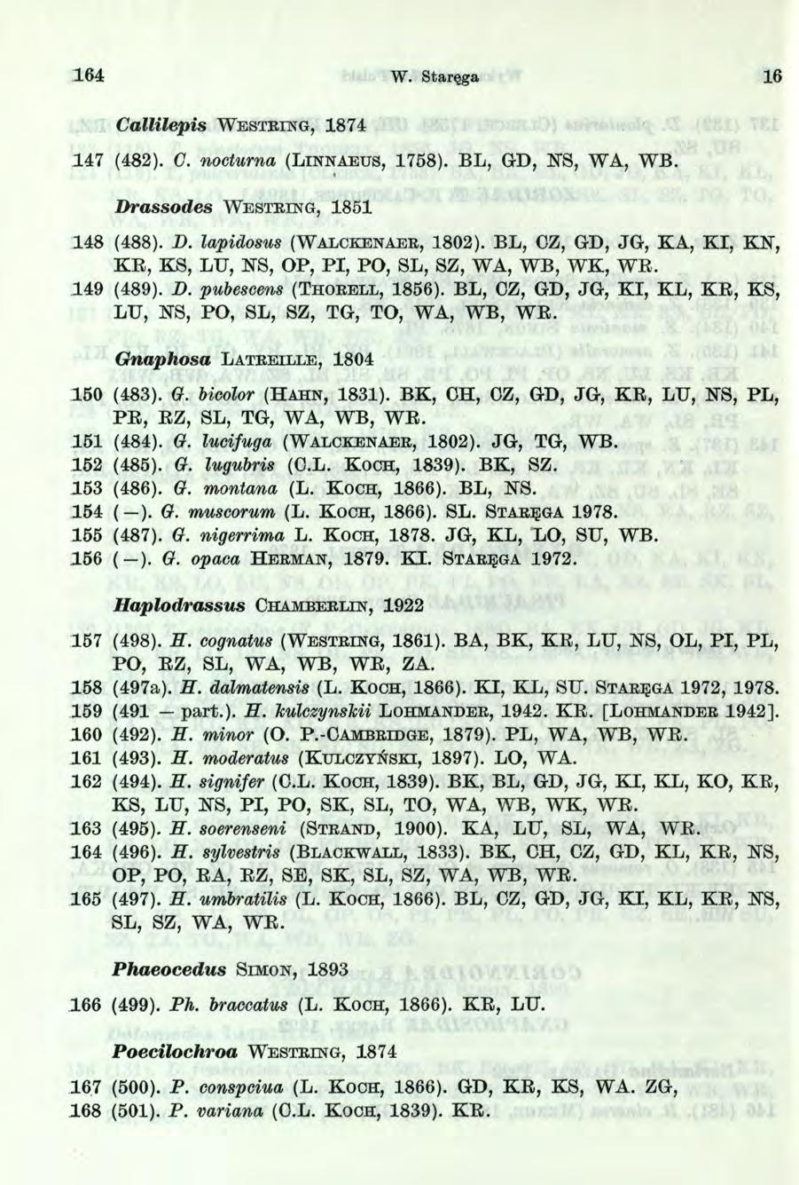 64 W. Staręga 6 C allilepis W e s t r i n g, 874 47 (482). G. nocturna (L i n n a e u s, 758). BL, GD, KS, WA, WB. * D rassodes W e s t r i n g, 85 48 (488). D. lapidosus (W a l c k e n a e r, 802).