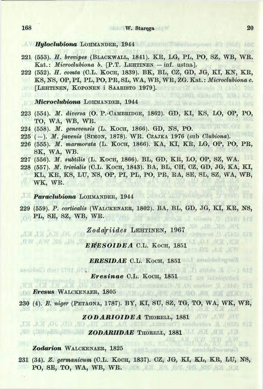 68 W. Staręga 20 H yloclubiona L o h m a n d e r, 944 22 (553). H. brevipes (B la c k w a ll, 84). KR, LG, PL, PO, SZ, WB, WR. K a t.: Microclubiona b. [P.T. L e h t in e n inf. ustna]. 222 (552). H. oomta (O.