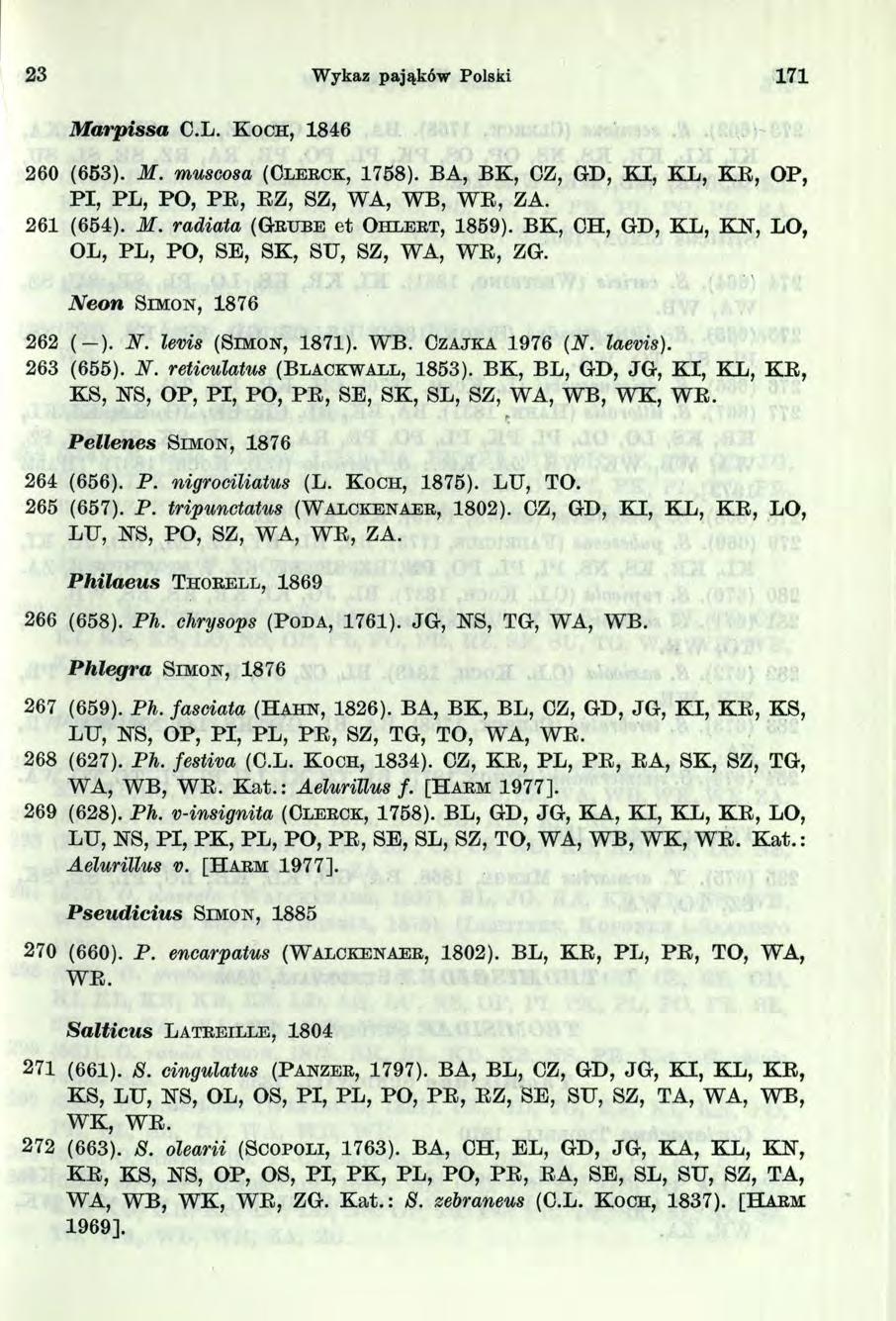 23 Wykaz pająków Polski 7 M arpissa C.L. K o c h, 846 260 (653). M. muscosa (Cl e r c k, 758). BA, BK, OZ, GD, K I, KL, KB, OP, P I, PL, PO, P E, BZ, SZ, WA, WB, W E, ZA. 26 (654). M. radiata (G r u b e et Oh l e r t, 859).