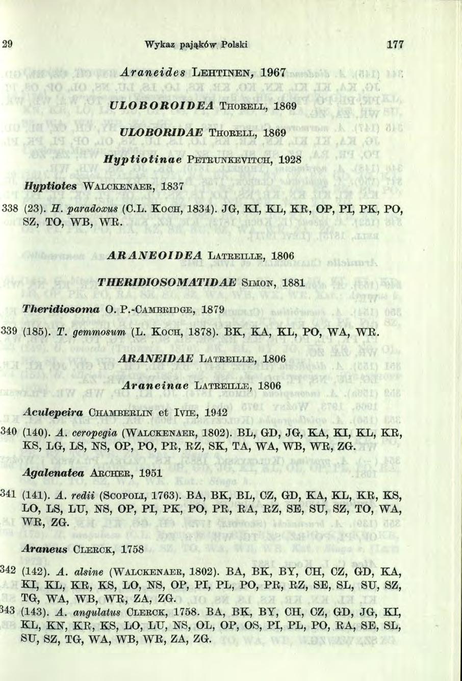 29 Wykaz pająków Polski 77 Araneides L e h t i n e n, 967 H yptiotes W a l c k e n a e e, 837 U L O B O R O I D E A T h o b e l l, 869 ULOBORIDAE T h o b e l l, 869 Hypłiołinae P e t b t t n k e v it