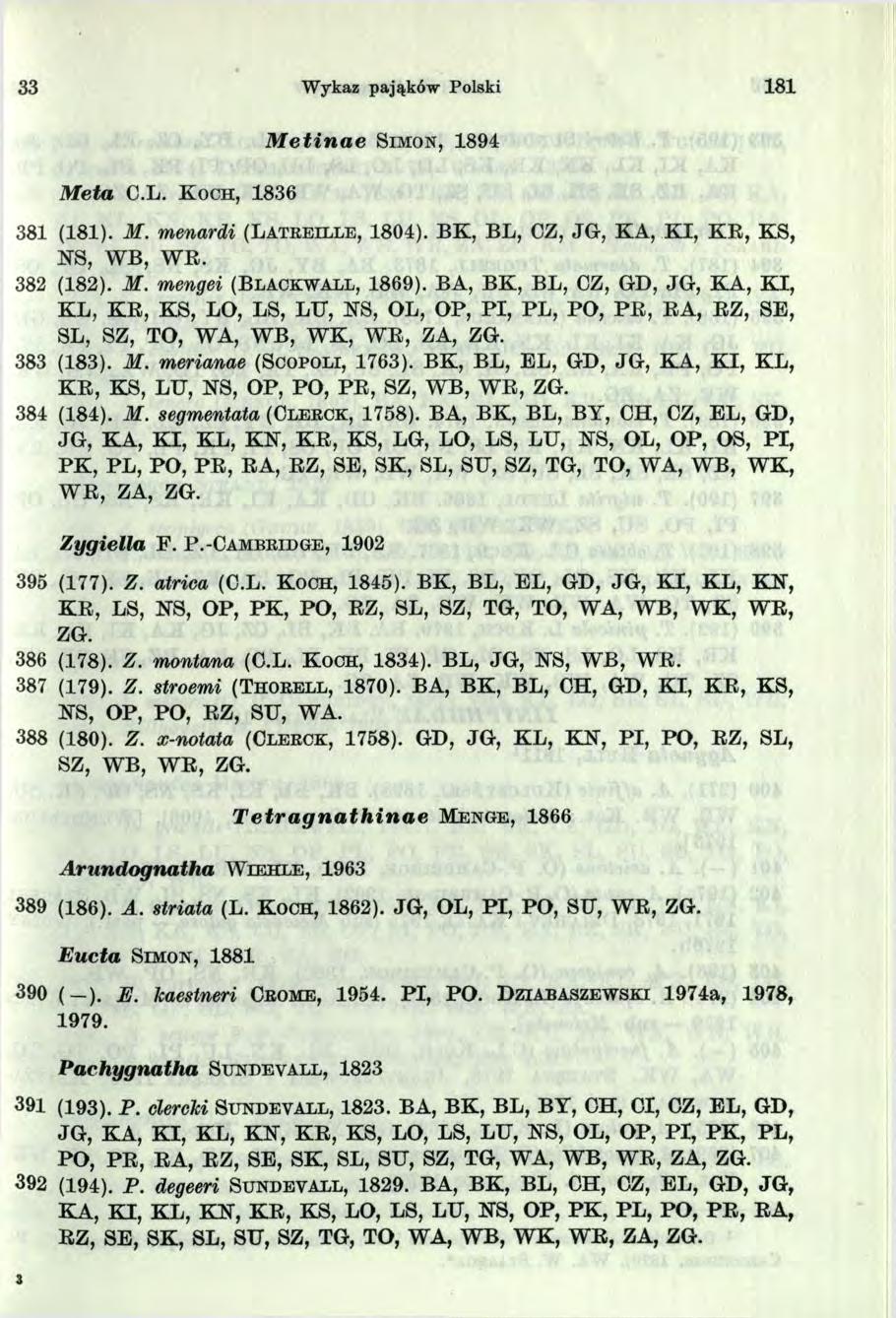 33 Wykaz pająków Polski 8 M eta C.L. K och, 836 Metinae S im o n, 894 38 (8). M. menardi (L a t r e l l l e, 804). BK, BL, CZ, JG, KA, K I, K B, KS, KS, WB, WB. 382 (82). M. mengei (B l a c k w a l l, 869).