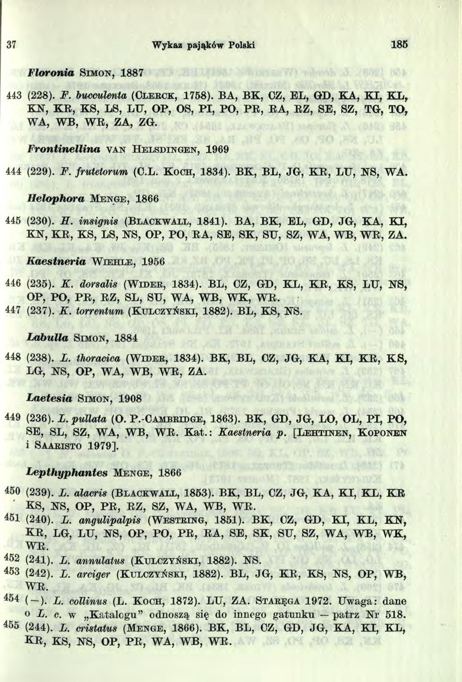 37 Wykaz pająków Polski 85 Floronia S im o n, 887 443 (228). F. bucculenta (Cl e r c k, 758).