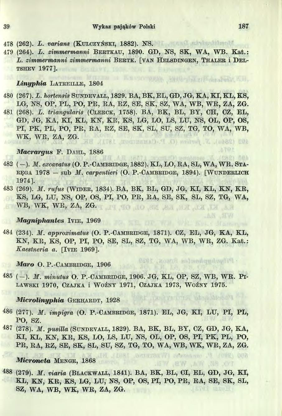 39 Wykaz pająków Polski 87 478 (262). L. varians (K u l c z y ń s k i, 882). KS. 479 (264). L. zimmermanni B e r t k a u, 890. GD, KS, SK, WA, WB. K at.: L. zimmermanni zimmermanni B e r t k.