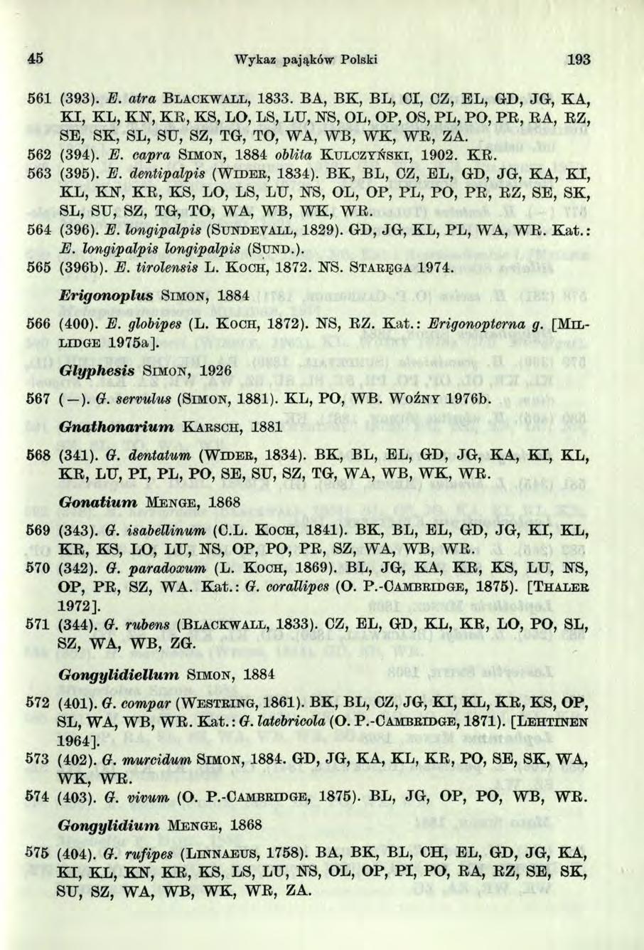 45 Wykaz pająków Polski 93 5 6 (3 9 3 ). E. atra B l a c k w a l l, 833.
