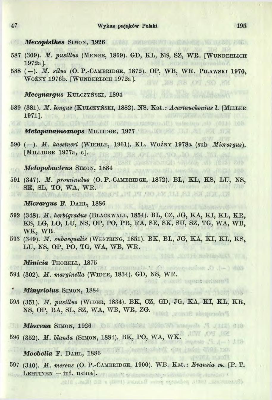 47 Wykaz pająków Polski 95 M ecopisthes S im o n, 926 587 (309). M. pusillus (M e n g e, 869). GD, KL, KS, SZ, W E. [W u n d e r l ic h 972a]. 588 ( ). M. silus (O. P.-C a m b r id g e, 872).