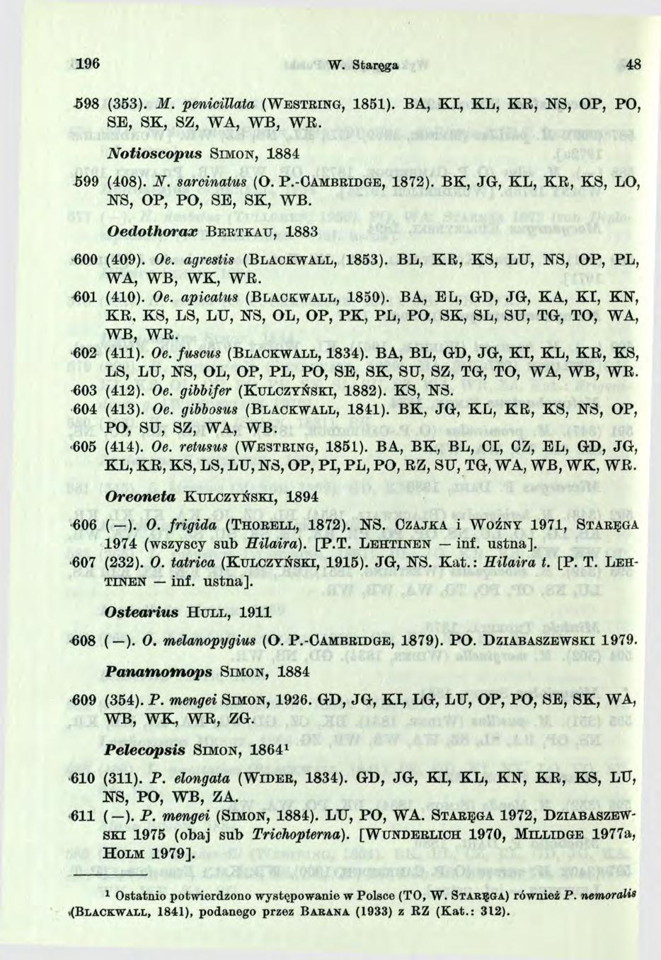 96 W. Staręga 48-598 (353). M. penicillata (W e s t r in g, 85). BA, K I, KL, KR, KS, OP, PO, SE, SK, SZ, WA, WB, W R. N otioscopus S im o n, 8 8 4 599 (408). JV. sarcinatus (O. P.-C a m b r id g e, 872).