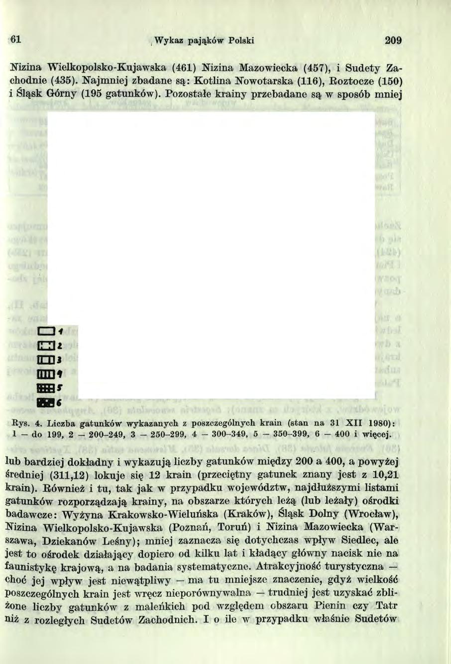 6 Wykaz pająków Polski 209 Nizina Wielkopolsko-Kujawska (46) Nizina Mazowiecka (457), i Sudety Zachodnie (435). Najmniej zbadane są: Kotlina Nowotarska (6), Roztocze (50) i Śląsk Górny (95 gatunków).
