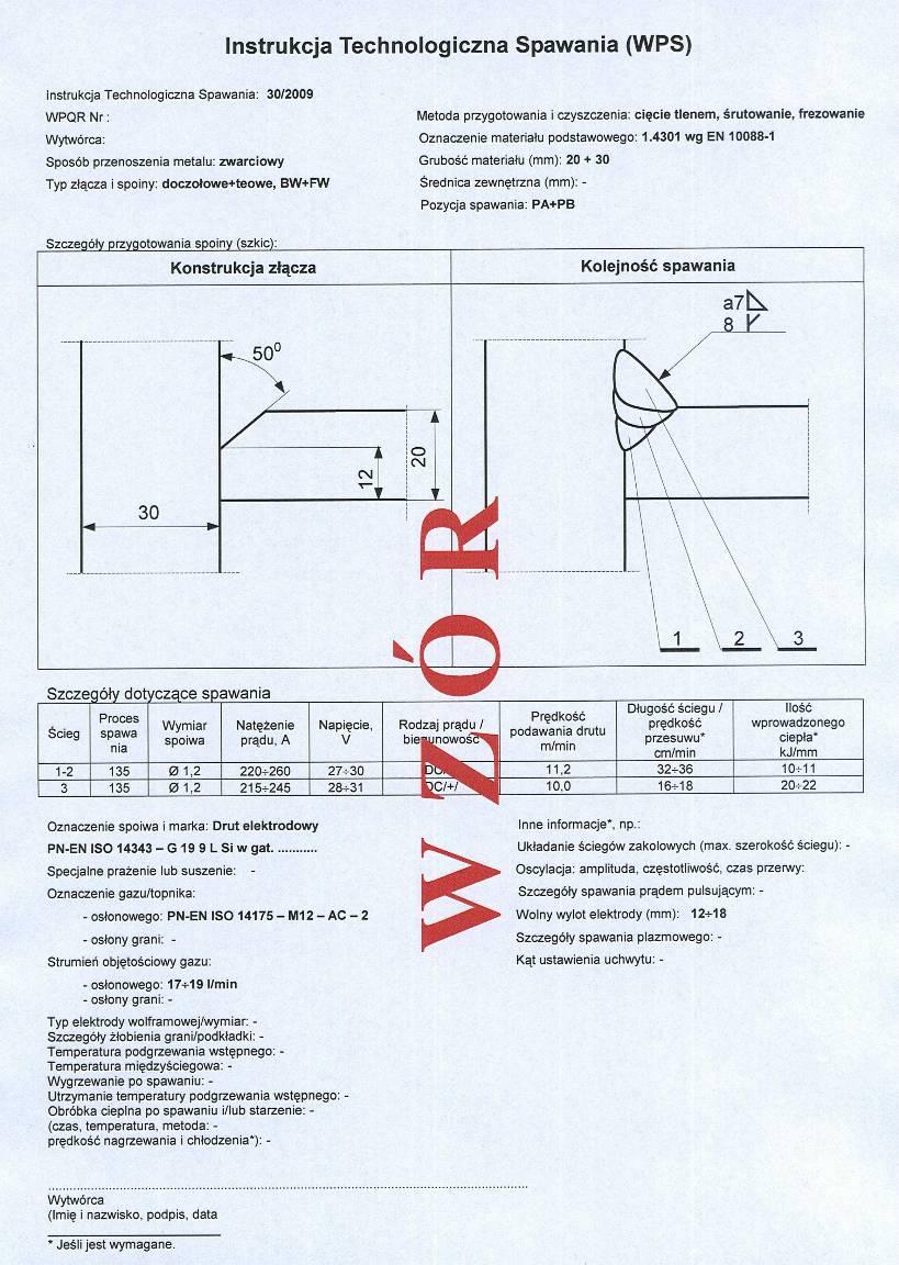 Parametry spawania Proces spawania należy prowadzić w oparciu o zweryfikowana Instrukcje