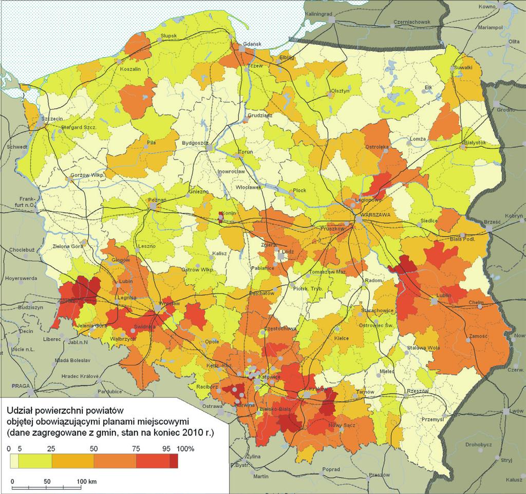 26 Degórski M. Ryc. 1. Pokrycie obowiązującymi planami miejscowymi w powiatach w końcu 2010 r. Fig. 1 Covering of obligatory spatial local plans in districts at the end of 2010 Źródło: P.