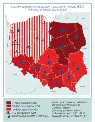 Ryc. 2. Obszary zagrożone kleszczowym zapaleniem mózgu w Polsce w latach 2001 2012. Rycina pochodzi ze zbiorów firmy Baxter. Opublikowano za zgodą firmy.