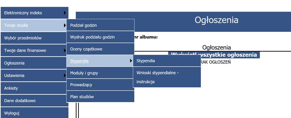 wyświetlone wszystkie wnioski stypendialne, złożone do tej pory podczas trwania studiów (studia