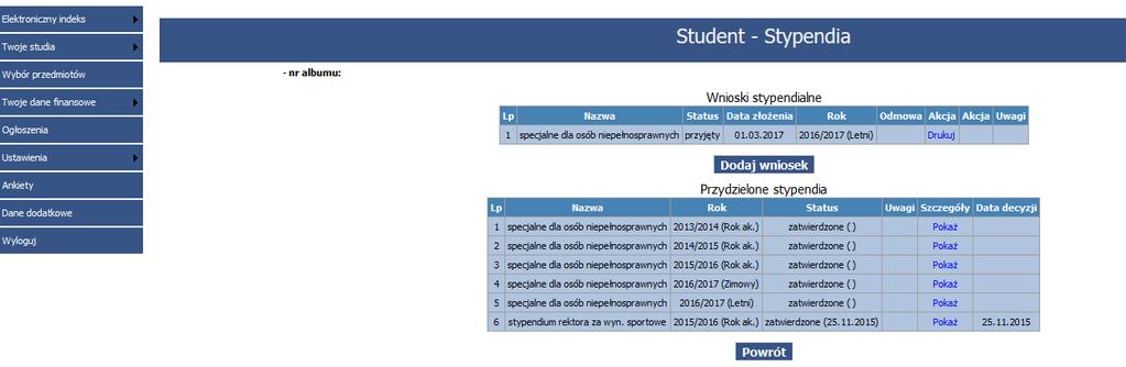 W przypadku wniosków stypendialnych ważny jest status wniosku.