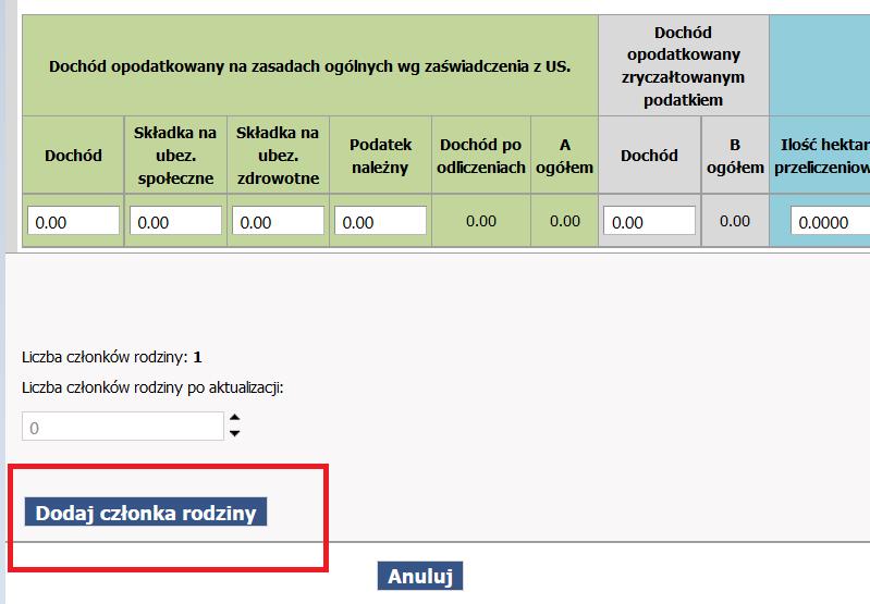 Uwaga! W ten sposób wpisać należy wszystkich członków rodziny, w zależności od sytuacji. Po uzupełnieniu informacji o dochodach wszystkich członków rodziny należy kliknąć Zapisz. Uwaga!