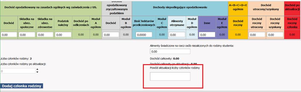 edycji wniosku wypełnić pole Powód aktualizacji dochodu.