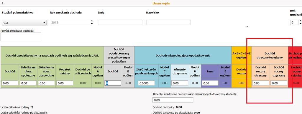 rodziny należy podać Powód aktualizacji liczby członków