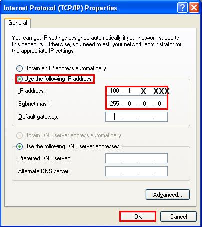 Instalacja sieci bezprzewodowej Krok 16) Wpisz 100.1.X.XXX w polu IP address i 255.0.0.0 w polu Subnet mask. I kliknij OK. ** Jak skonfigurować adres IP ** Sprawdź numer seryjny urządzenia Carman Wi.