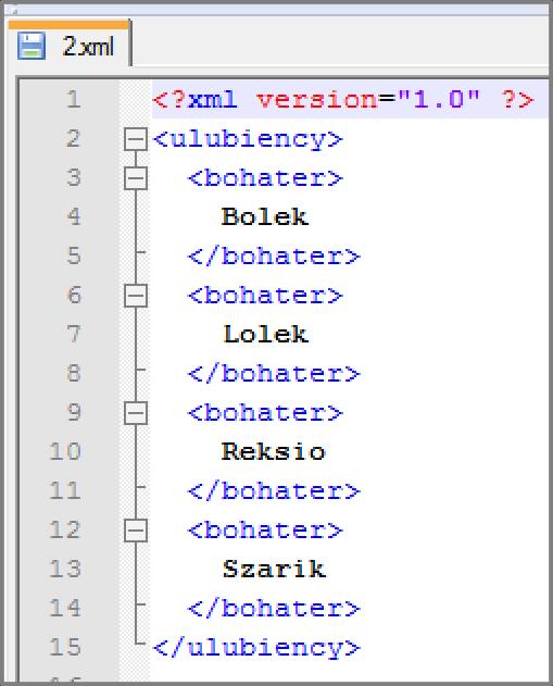 Odbieranie danych XML prosty przykład, seria danych Chcemy pobrać listę ulubionych bohaterów z pliku 2.xml zapisanego na serwerze.