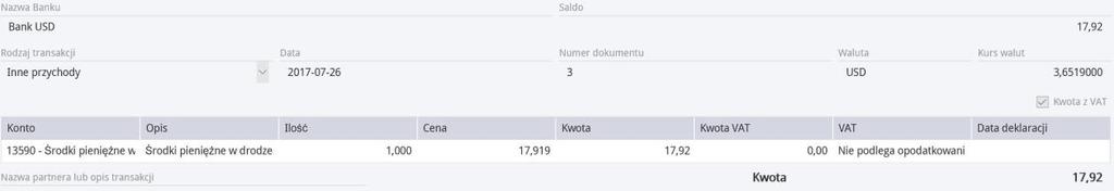 USD. Poprawność transakcji i zgodność wartości możesz sprawdzić klikając w górnym prawym rogu ikonę Transakcja.