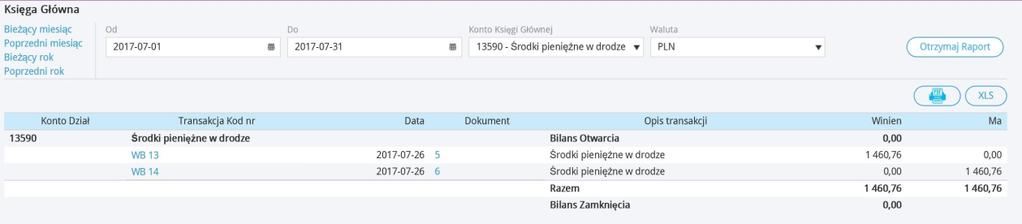 Zobacz zapis w Księdze Głównej klikając na Transakcja.