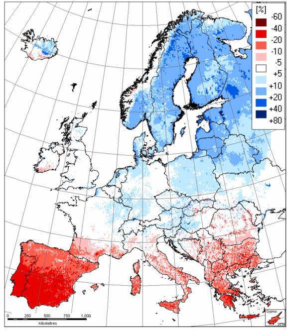 Rysunek 2 Zmiany średniej rocznej sumy opadów w okresie 2071-2100 Wrażliwość na zmiany klimatu w skali regionów Do najbardziej wrażliwych na zmiany klimatu regionów należy Europa