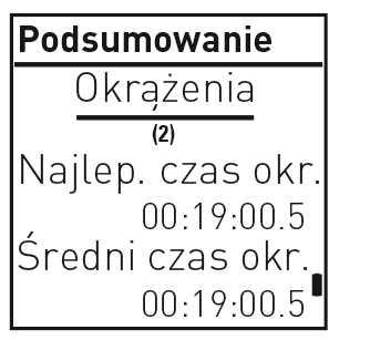 Liczba okrążeń oraz najlepszy i średni czas trwania okrążenia. Naciśnij START, aby wyświetlić więcej informacji.