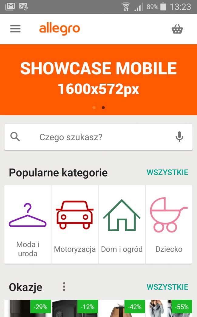 7 Mobile: Showcase Mobile Aplikacja Allegro, strona główna 1600x572 px 150 kb Flat Fee (1 dzień) - Typ pliku: jpg, png, gif; - Margines 25px dla