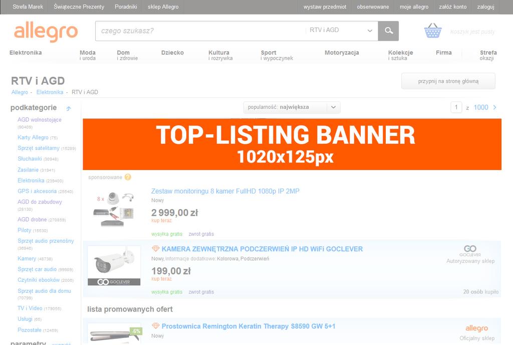 9 Listing: Top-Listing Banner Listing, reklama wyświetlana nad listą ofert 1020x125 px 50 kb Targetowanie: Słowa kluczowe w wyszukiwarce/ wybrane kategorie Flat Fee / CPM