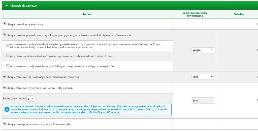 Klauzule dodatkowe wyboru danej klauzuli dodatkowego moŝesz dokonać poprzez zaznaczenie odpowiedniego check-boxa