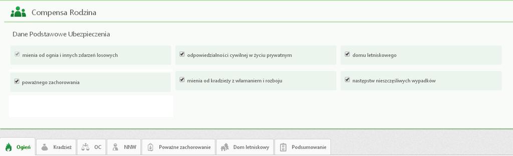 4.5. Kalkulacja składki Compensa Rodzina (19044) Po wybraniu produktu Compensa Rodzina mamy moŝliwość wyboru ubezpieczeń wchodzących w skład pakietu Compensa Rodzina poprzez zaznaczenie