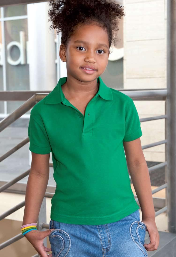 Gramatura: 200-210 g Rozmiary: 3-4 / 5-6 / 7-8 / 9-11 / 12-14 Kids short sleeve polo shirt. Honey combed fabric. Two buttons placket.