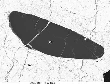 kosmochlor-augite (Kos A ), large grains of albite (Ab), Troi troilite, black graphite; d) Cracked grain of kosmochlor (Kos) eclosed in