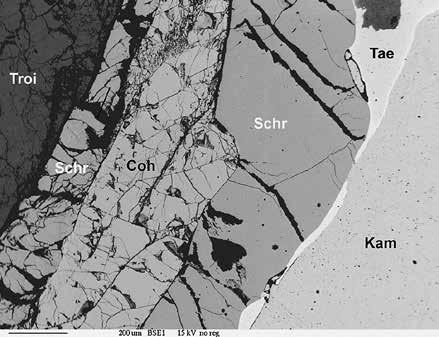Hypautomorphic grain of chromite (Chr) in troilite (Troi), troilite intergrown with graphite (Graph); k) Margin of a