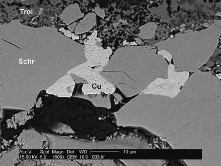 schreibersite (Schr), cohenite (Coh) iandtroilite (Troi), within troilite, fine veins of pentlandite are visible