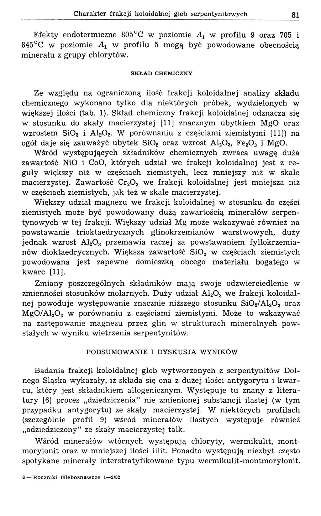 Charakter frakcji koloidalnej gleb serpentynitowych 81 Efekty endotermiczne 805 C w poziomie A1 w profilu 9 oraz 705 i 845 C w poziomie A 1 w profilu 5 mogą być powodowane obecnością minerału z grupy