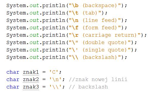Typy Typ znakowy char \b (backspace) \t (tab) \n (line feed) \f (form