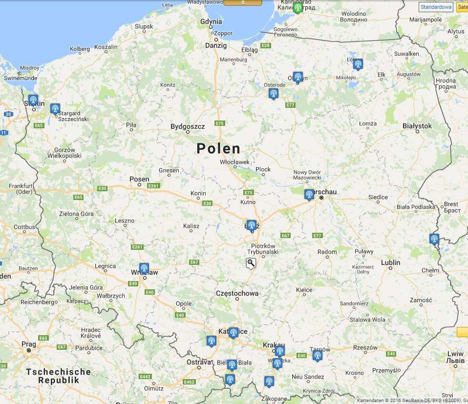 Dodatek A Mapa polskich przemienników DMR Rys. A.1. Mapa polskich przemienników DMR wg stanu z końca listopada 2016.