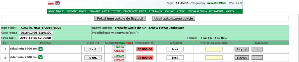 Licytacja polega na wprowadzeniu w żółtym polu Licytuj ceny niższej od ceny