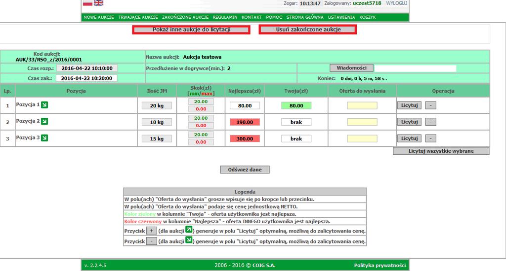 Można skorzystać w widocznego u góry strony przycisku Usuń zakończone aukcje (spowoduje to usunięcie z widoku aukcji która jest już zakończona) i można dalej licytować w aukcjach które jeszcze trwają.